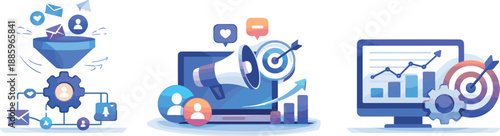 Marketing Automation Icons. Intelligent marketing operations scene illustrated via data-driven triggers optimizing engagement at