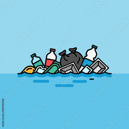 Floating trash includes plastic bottles food containers and a black garbage bag.