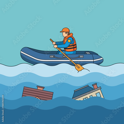 Person rows a boat through floodwaters with submerged houses visible.