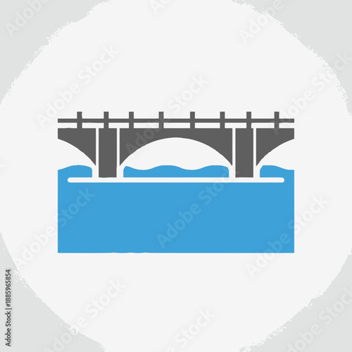 A gray bridge spans over a blue body of water with arch supports.