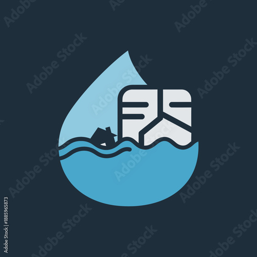 Water drop contains flooded house and broken building symbol.