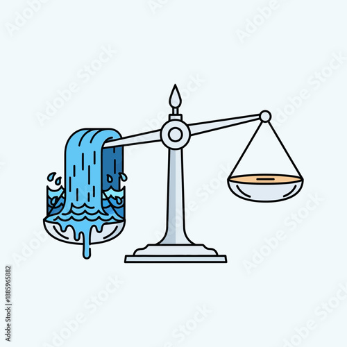 Scales of justice with water on one side and a plain bowl on the other.