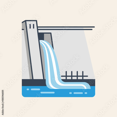 Concrete dam with water flowing into a pool below in a minimalist style.