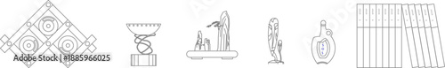 Vector line art collection of modern interior accessories, featuring a stylish wine rack, decorative fruit bowls, minimalist rock garden sculptures, artistic figurines, and a set of books for shelf st