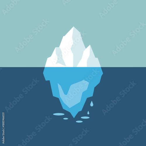 Iceberg with visible part above water and submerged part below water.