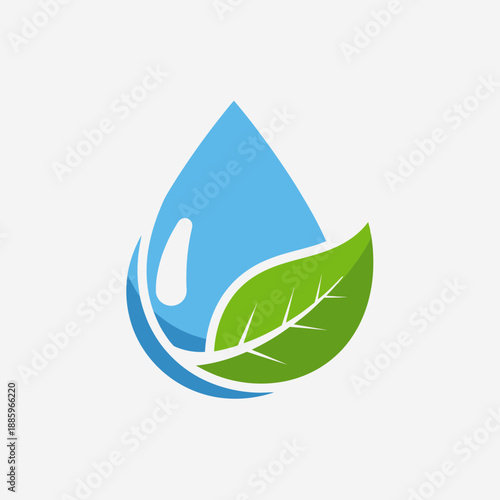 A blue water drop overlaps a green leaf in a stylized design.