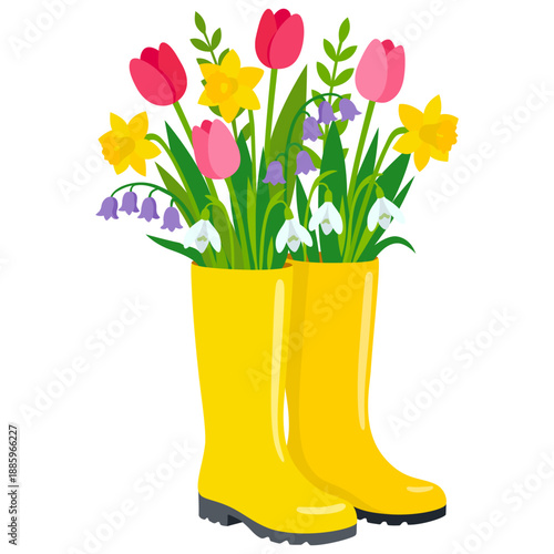 Spring illustration, yellow garden boots with spring bouquet of flowers, tulips, snowdrops, daffodils on white background. Vector in cartoon style