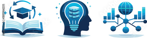 Knowledge Management Icons. Strategic knowledge management ecosystem expressed through continuous learning, insight retention, and