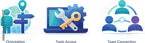 New Hire Onboarding Icons. New hire integration environment visualized as orientation, tools access, and team connection working
