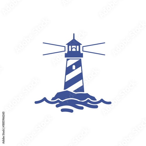 A lighthouse stands on a rock with waves and emits light beams.