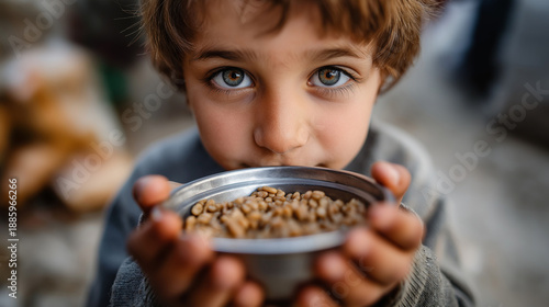 Poor starving hungry boy looking at camera, faceless child, poverty representation, hunger crisis, humanitarian concern, social issue, defocused background, with copy space