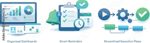 Productivity Dashboard Illustration. Work performance scene illustrated via organized dashboards, smart reminders, and streamlined