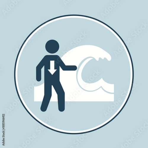 Person with downward arrow faces large wave inside a circular border.