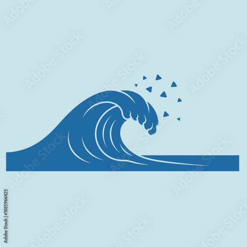 A blue wave crests with triangular droplets above a flat line.