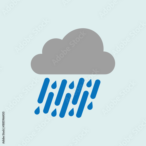 Gray cloud with blue raindrops falling below in a simple illustration.