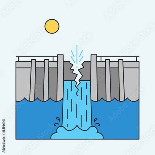 Dam with crack releasing water and sun above infrastructure illustration.