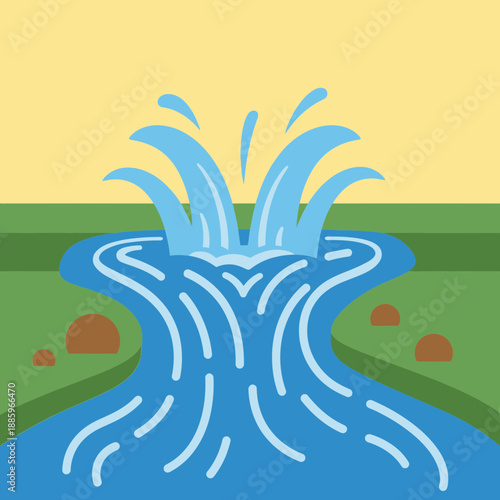 Water flows in a river with splashes and rocks on the side.