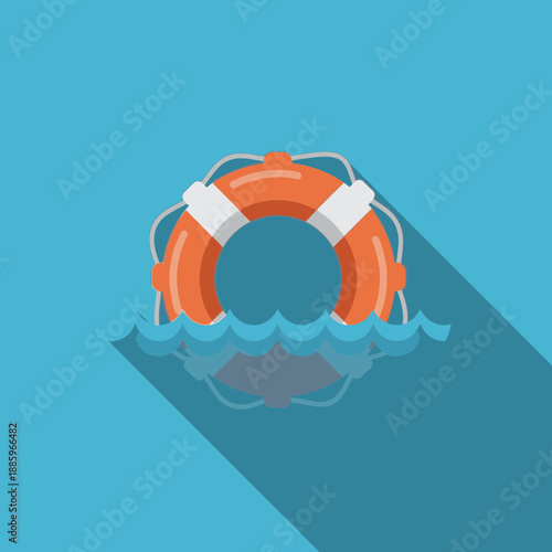 Orange and white life buoy floating on stylized water with a shadow.