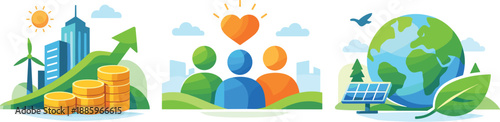 Sustainable Growth Icons. Sustainable growth landscape illustrated through balanced progress uniting economy, society, and