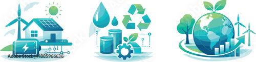 Eco-Tech Icons. Eco-efficient technology environment visualized as smart systems optimizing energy, resources, and sustainability