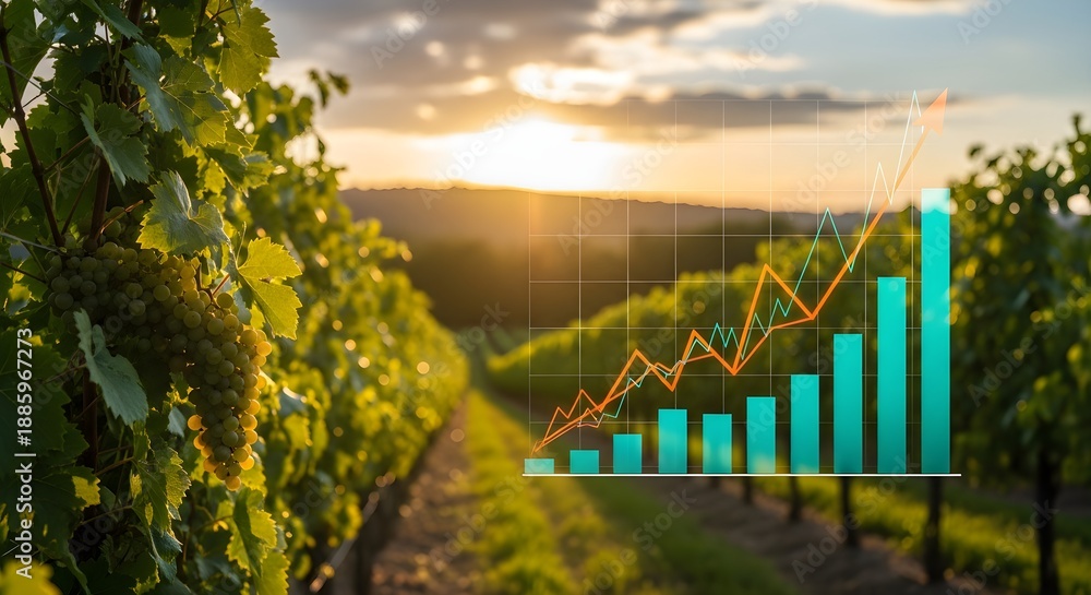 Fototapeta premium Vineyard Growth Chart Agricultural Business with Rising Crop Yields at Sunset