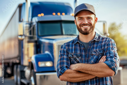 Portrait of happy truck driver looking at camera.