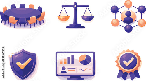 Diversity Leadership Framework. Equitable decision-making framework layout representing leadership diversity systems, six symbolic