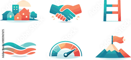 Community Empowerment Symbols. Collective progress composition expressing community empowerment values, six symbolic objects