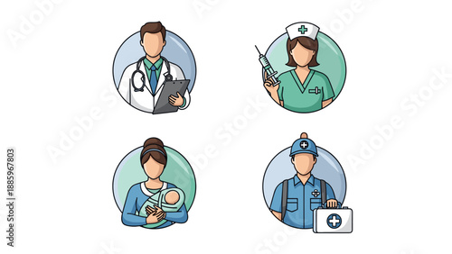 Diverse Professional Avatars and Essential Worker Icons Representing Various Careers in Healthcare and Public Service