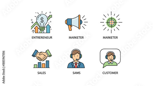 Business Icons Entrepreneur, Marketer, Sales, Customer Support, and Client Relationship Management