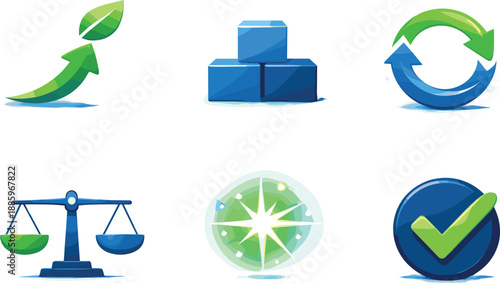 Sustainable Growth Symbols. Balanced progress ignition scene illustrating sustainable growth, six symbolic objects arranged in two