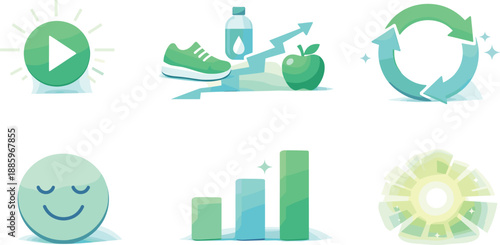 Lifestyle Refresh Flow. Everyday rhythm infographic-style scene communicating lifestyle refresh flow, six symbolic objects