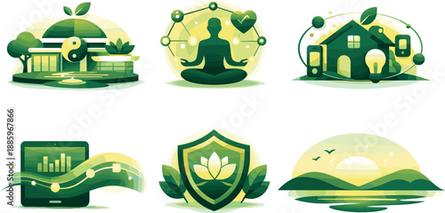 Harmonious Ecosystem Design. End-to-end balanced living ecosystem illustration showcasing harmony and sustainability, six symbolic