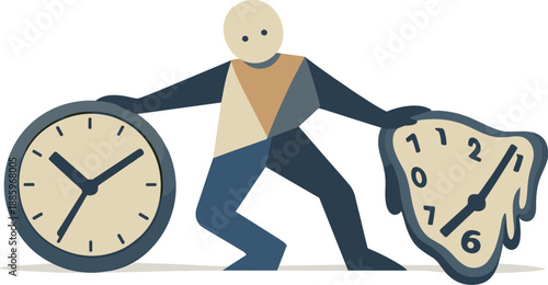Single abstract geometric figure leans between stable and melting clock forms conveying tension and confusion within digital time