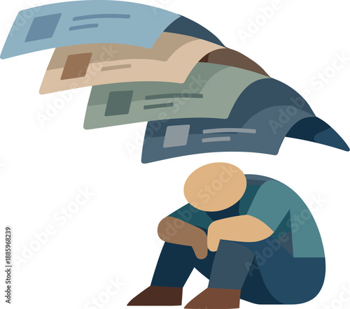 Abstract geometric human figure sits beneath stacked lesson panels drooping downward expressing digital learning fatigue in open