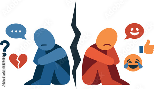 Abstract geometric figure faces split symbols and empty space representing abstract reflection on meaning loss in emoji-driven