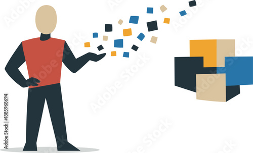 Abstract geometric figure releases multiple scattered blocks into empty space leaving one central shape reflecting restructuring