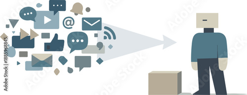 Calm abstract geometric human figure stands beside single grounded block in wide white space resolving online distraction storm