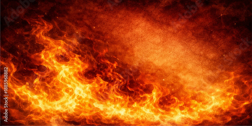 Abstract inferno of hot fiery flames and burning orange energy loops with smoke and red light explosions on a black background