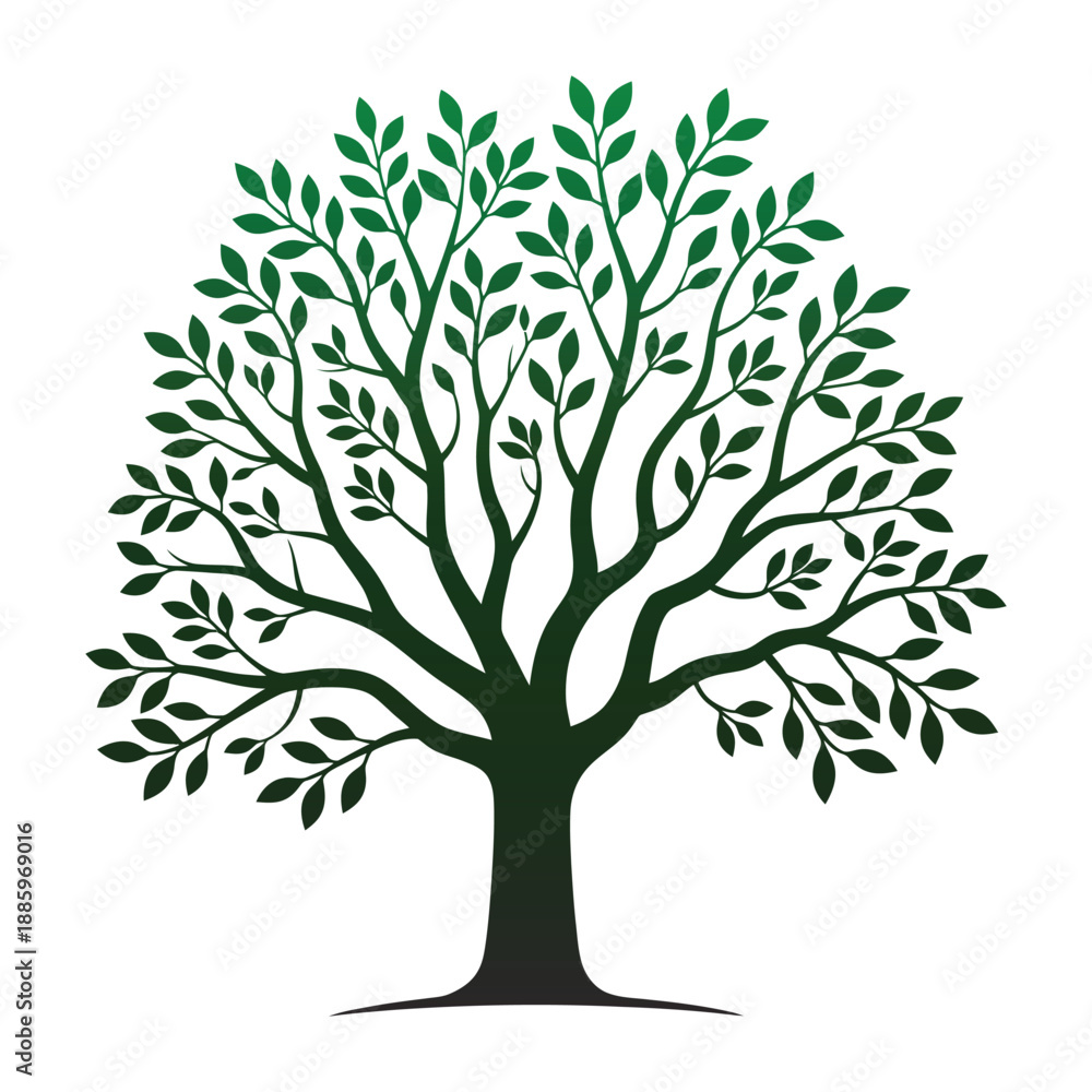 Fototapeta premium Vector tree silhouette with roots and green leaves