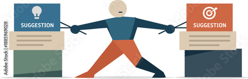 Single abstract geometric figure pulled between competing suggestion blocks revealing tension and decision paralysis in