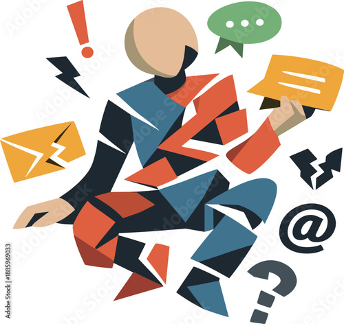 Abstract Communication Distortion. Abstract geometric figure partially fragments and bends into irregular forms merging with