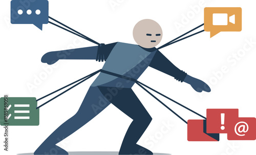 Single abstract geometric figure pulled by multiple connection blocks revealing tension, coordination strain, and loss of focus