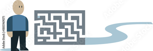 Calm abstract geometric figure stands beside simplified open maze path in wide white space reframing artificial intelligence