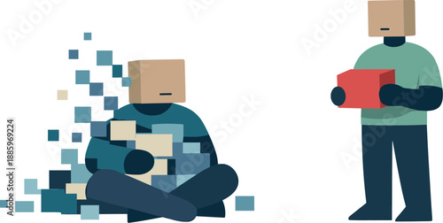 Second abstract geometric human figure appears holding a single anchored focus block while first remains surrounded showing early