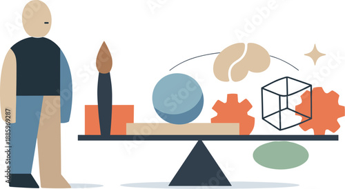 Calm abstract geometric human figure stands beside balanced mix of human-made and generated shapes in wide white space reframing