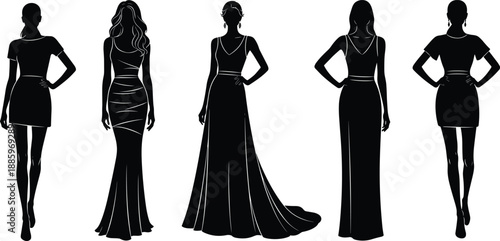 Elegant Female Fashion Silhouette Set Showing Front and Back Views of Women in Evening Dresses, Minimal Black Flat Vector Illustration Design