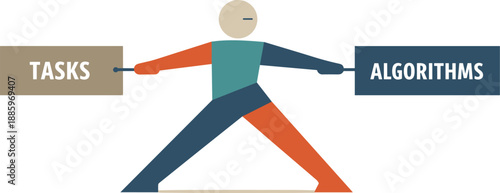 Single abstract geometric human figure pulled in opposing directions by conflicting task and algorithm blocks revealing tension