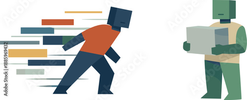 Second abstract geometric human figure appears holding a slowed aligned block while rapid blocks continue past the first, showing