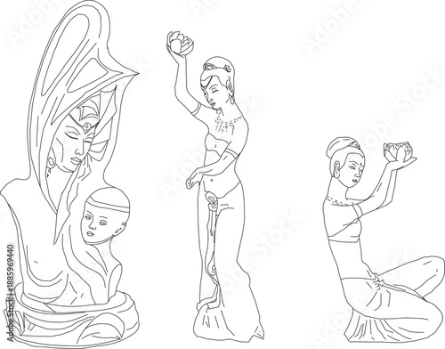 Elegant vector line art collection of figurative sculptures, featuring a mother and child bust and traditional dancers holding lotus flowers, perfect for high-end interior decor or art gallery concept